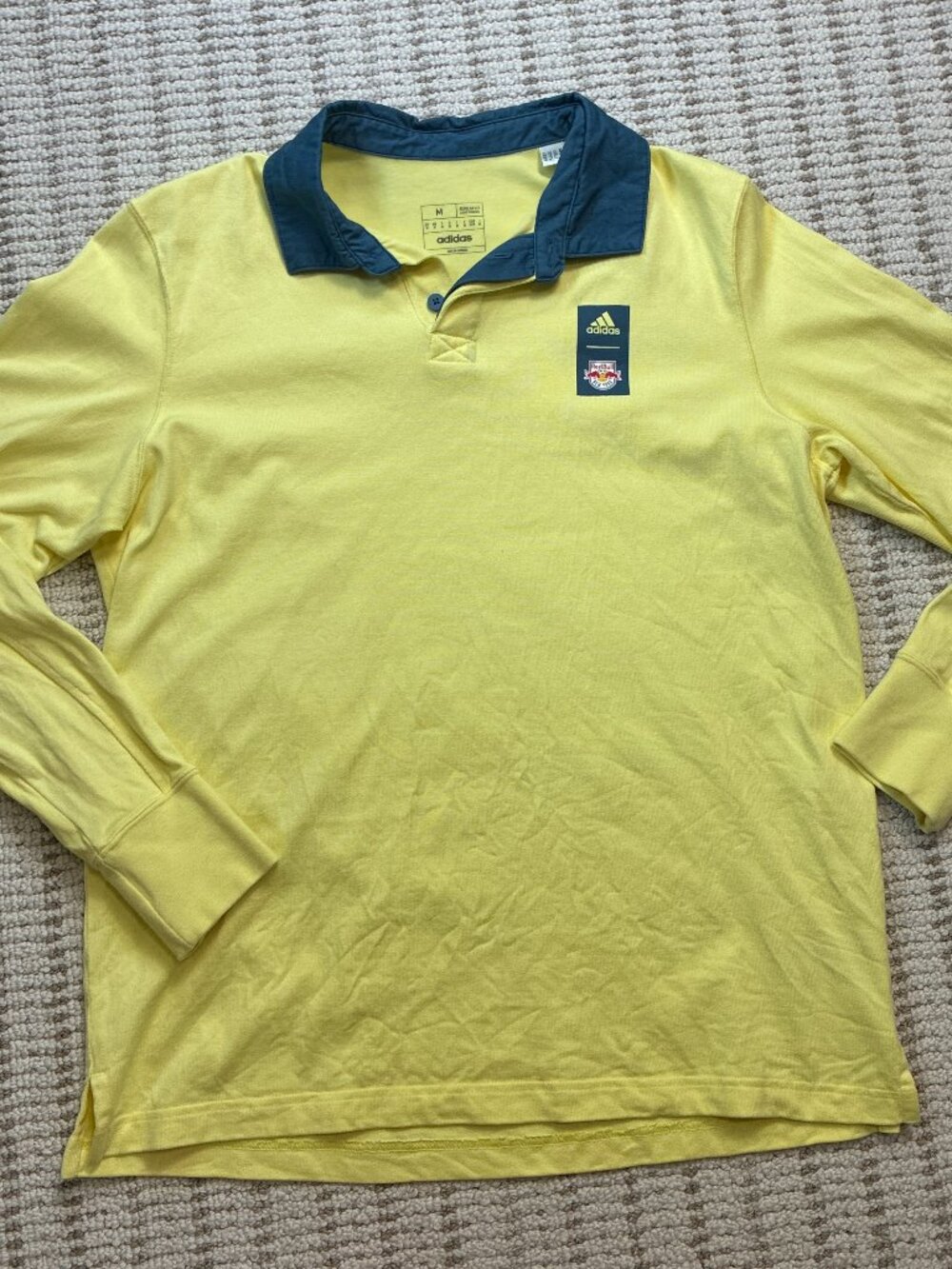 Adidas New York Red Bull Mens Long Sleeve Yellow Rugby Polo Shirt Medium Preppy